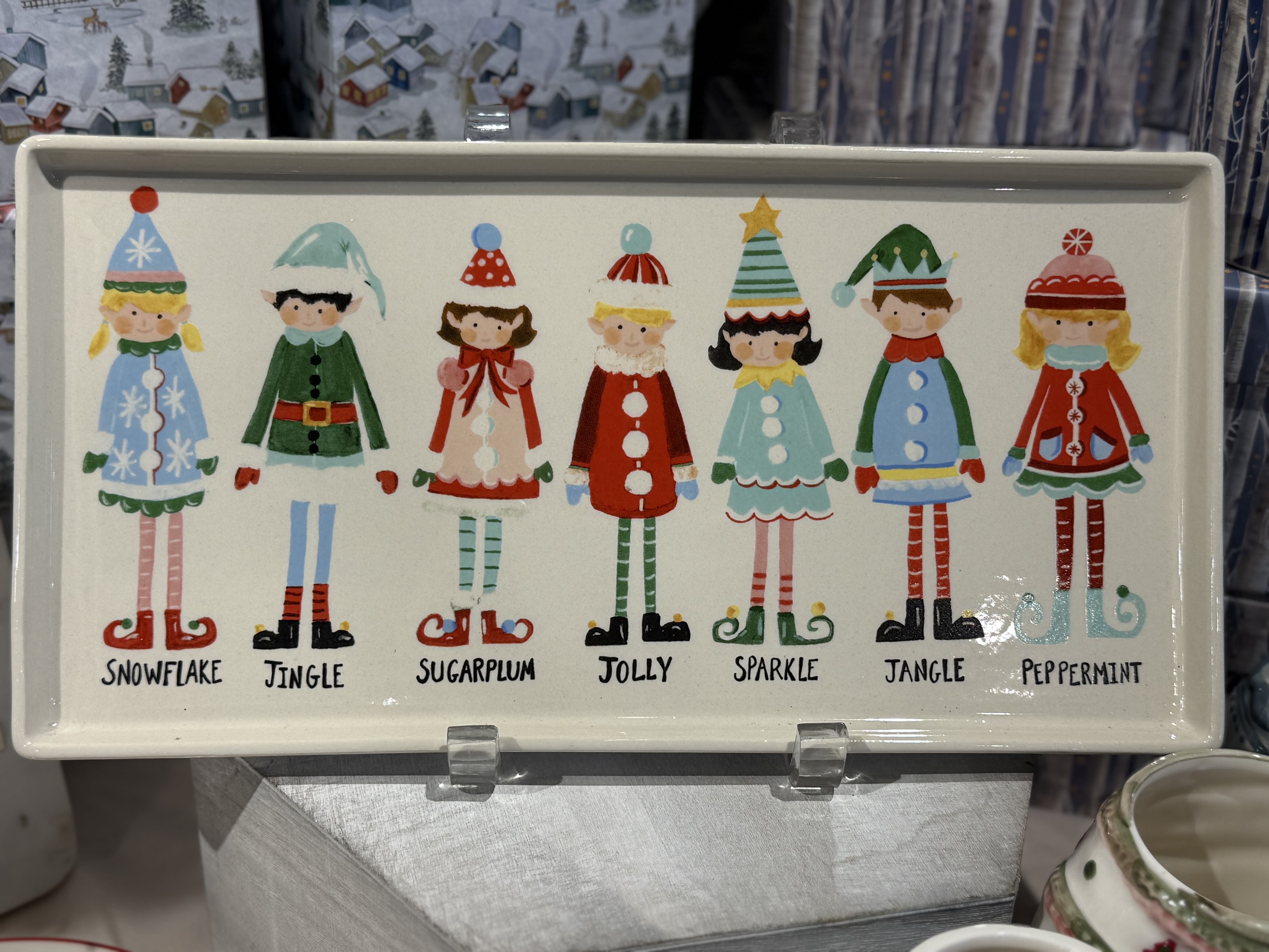 Elves Tray - 13&quot;L x 6-1/2&quot;W Stoneware Platter w/ Santa's Elves, Multi Color  