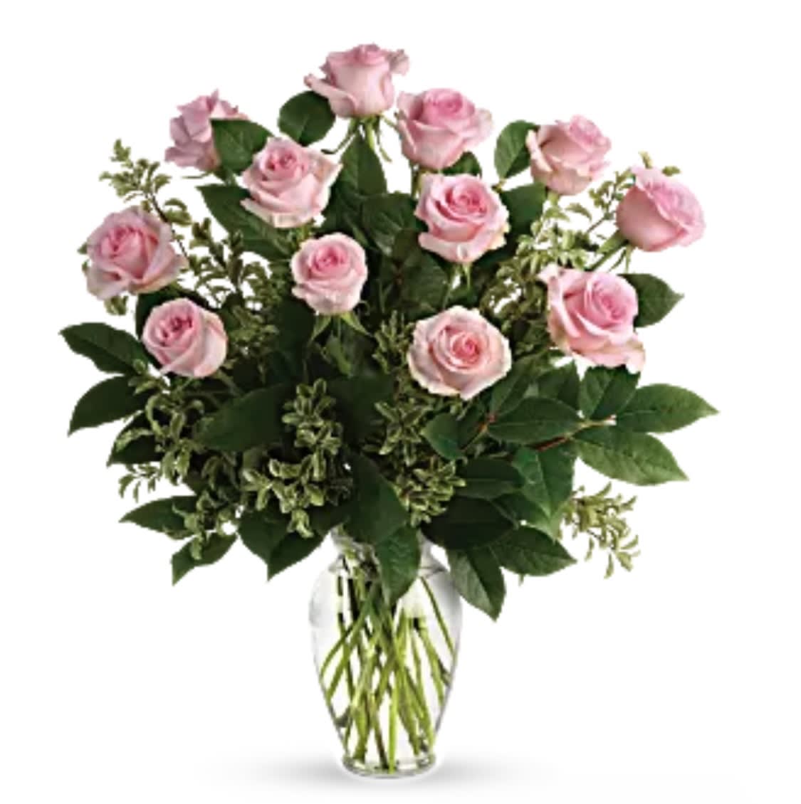 Say Something Sweet Bouquet  - Soft as a whisper, this pretty bouquet of a dozen sweet pink roses and deep greens are simply divine for any occasion! Pink Roses are arranged with pitta negra and lemon leaf. Delivered in a clear glass vase. Orientation: All-Around