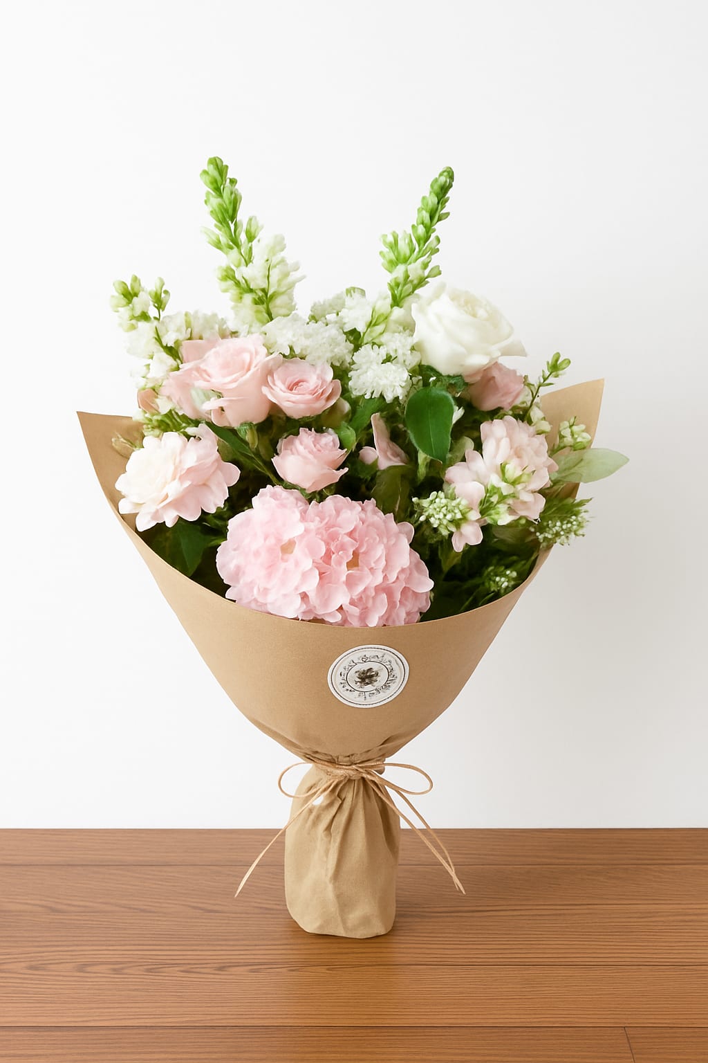Pretty in Pink Wrapped Bouquet - Delight in the soft beauty of our Pretty in Pink Wrap Bouquet, featuring a charming mix of blush hydrangea, delicate pink and white roses, and fresh seasonal blooms. Hand-wrapped in natural kraft paper and tied with twine, this bouquet blends modern simplicity with timeless romance. Perfect for birthdays, anniversaries, or just because — a gift that says “you’re special” in the sweetest shades of pink.
