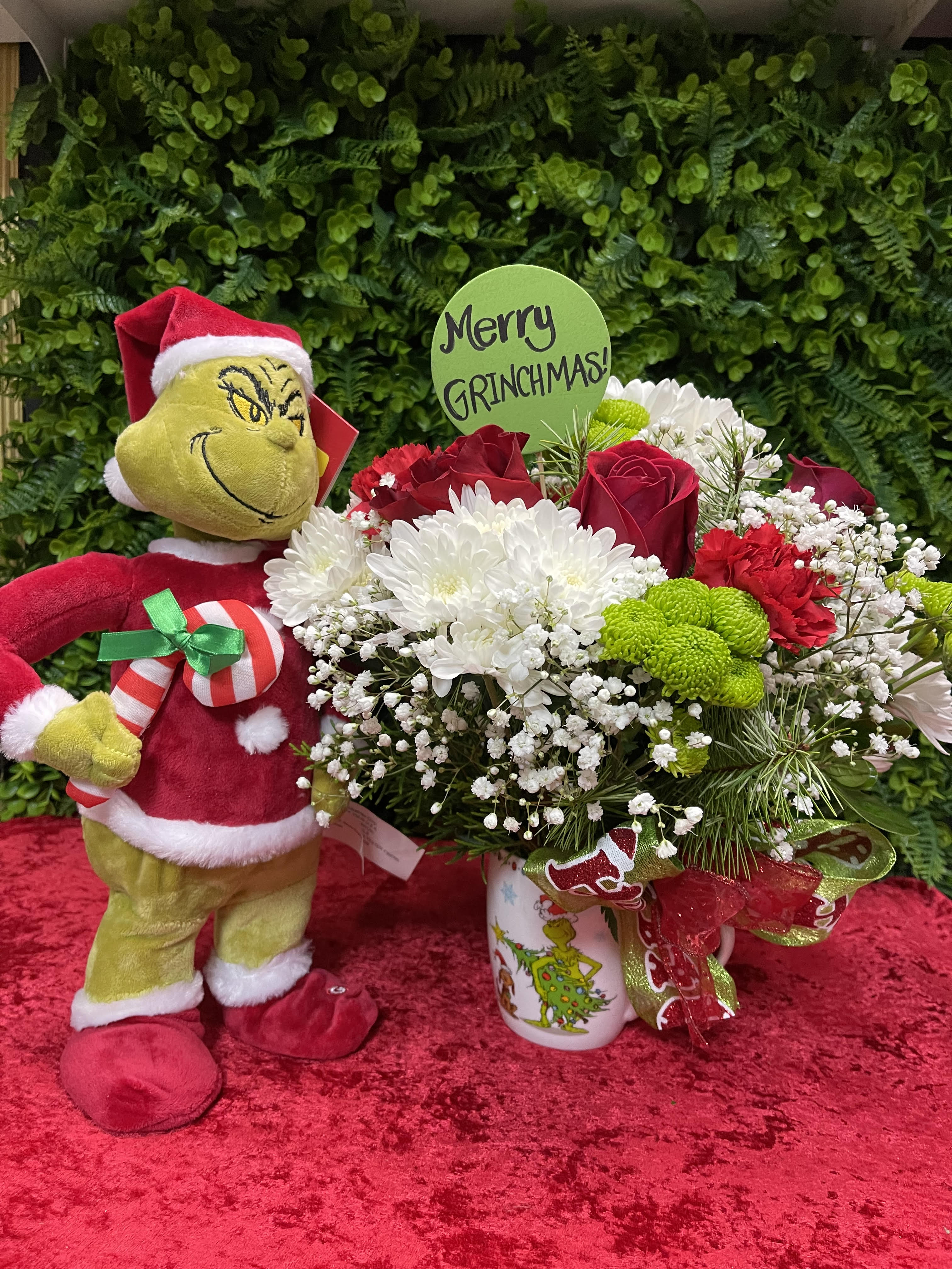 GRINCH - &quot;IS THIS JOLLY ENOUGH?'  Enjoy a fun arrangement of flowers in a mug!!! And you do enjoy Christmas ! INCLUDED STICK WITH GRINCH MESSAGE&quot; PLUSH GRINCH SOLD SEPARATELY .