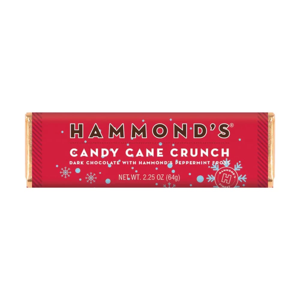 Hammond's Candy Cane Crunch - Indulge in the festive flavors of the season with our Candy Cane Crunch Dark Chocolate Candy Bar. We've blended rich and decadent dark chocolate with a refreshing burst of peppermint frost, creating a harmonious balance of flavors that will tantalize your taste buds. This candy bar is perfect for those who enjoy the deep, rich taste of dark chocolate with a touch of holiday cheer. The bar is speckled with crunchy candy cane pieces, adding a delightful crunch that complements the creamy texture of the chocolate. It's the perfect treat to enjoy during the holiday season or any time you're in the mood for a little something sweet and minty.  OU-D Kosher - 2.25 oz. Chocolate Bars  Please note: Made with gourmet ingredients and fun flavors! Manufactured in a facility that processes egg, milk, mustard, peanuts, sesame, soy, sulfites, tree nuts, and wheat.