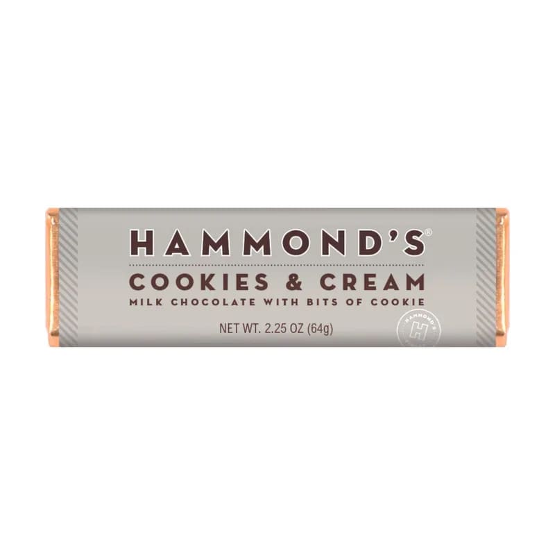Hammond's Cookies &amp; Cream Chocolate Bar - Craving for a delectable treat? Look no further than our Cookies and Cream Chocolate bar, a delicious blend of milk chocolate and bits of chocolate cookie. These bars are simply cookie-riffic and sure to satisfy your sweet tooth. Make them the yummiest part of your day and indulge in their irresistible taste.  OU-D Kosher 2.25 oz. Chocolate Bar  Please note: Made with gourmet premium ingredients and fun flavors! Manufactured in a facility that processes egg, milk, mustard, peanuts, sesame, soy, sulfites, tree nuts, and wheat.