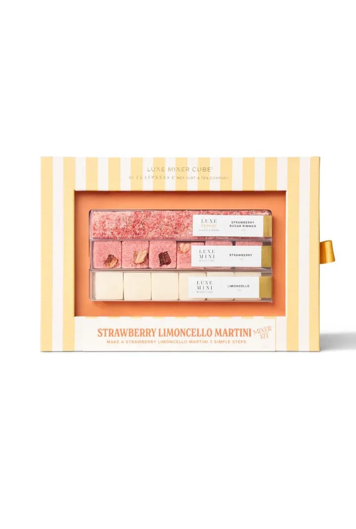 Strawberry Limoncello Martini Mixer Kit by Teaspressa - Make a strawberry limoncello martini in 3 simple steps! Savor summer's sweetest moments with the Strawberry Limoncello Martini Mixer Kit. Featuring a Strawberry Cube, Lemon Cube, and Strawberry Sugar Rimmer, this kit creates a cocktail that's as vibrant and refreshing as the Amalfi coast itself.