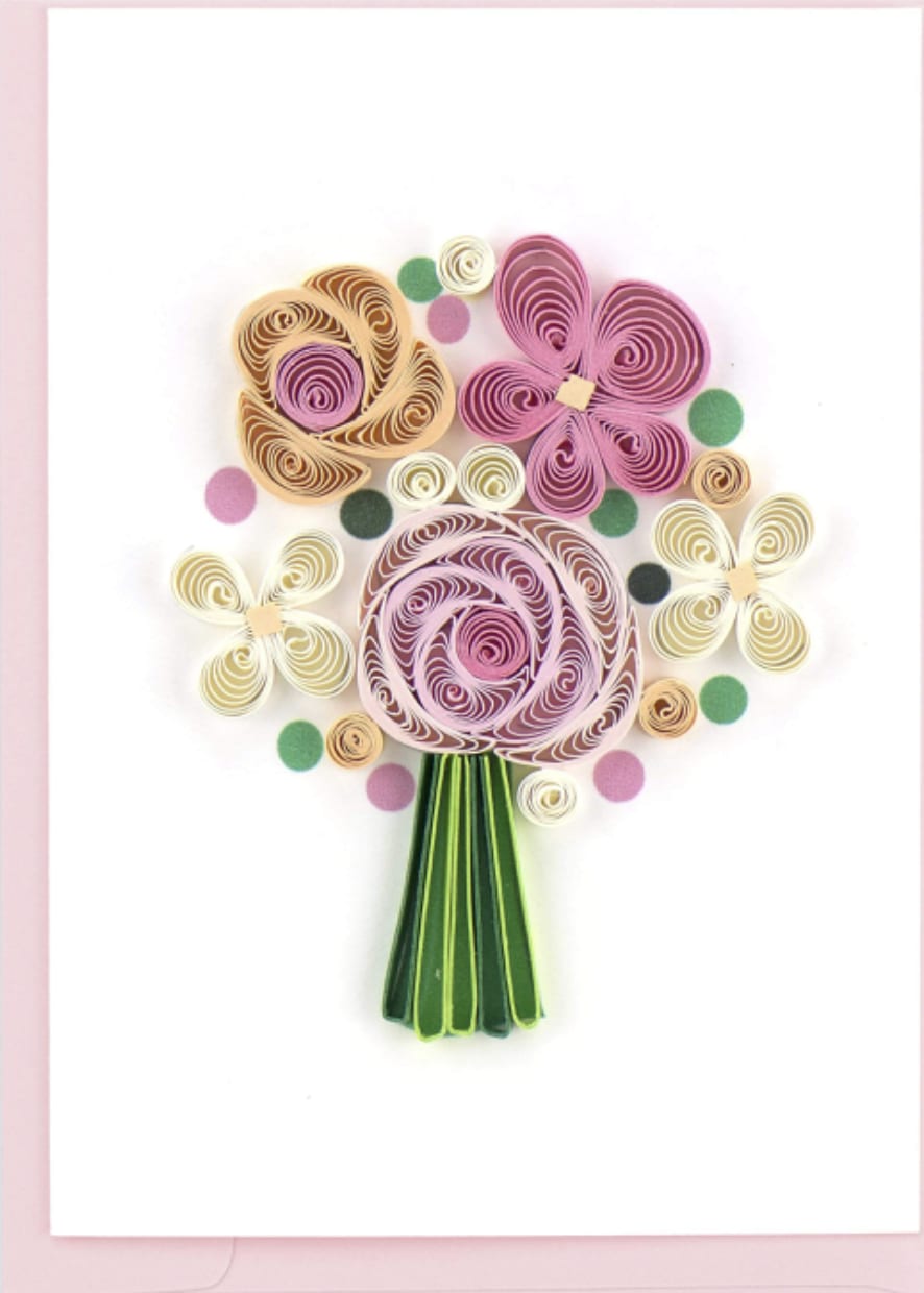 Flower Bouquet Mini Card - A gift enclosure is perfect for you to share a short message or to personally identify items. They make a wonderful accent to pair with gifts, gift bags, bouquets, and much more!  Each quilled gift enclosure is beautifully handmade by a highly skilled artisan. A quilled card is meant for you to share, cherish as a keepsake, or display as the work of art it is. Verified Fair Trade Federation Member  Don’t just send a card, send art! 