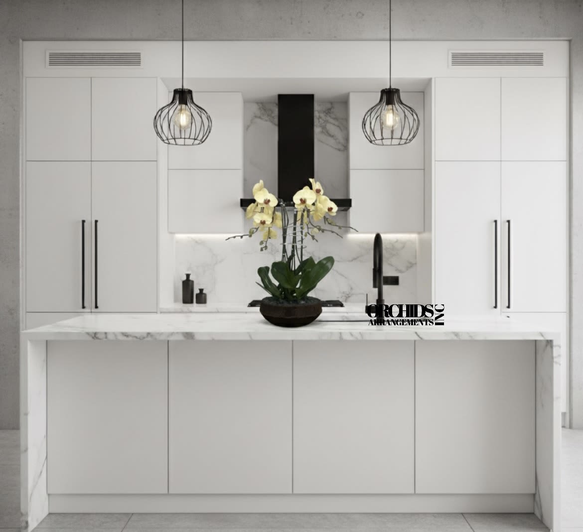 Same Day Flower Yellow Orchids - A high quality Four yellow orchid arrangement with a vase 13&quot; D X 5&quot; T. An orchid arrangement flower deliver for any occasion design with fresh natural real beautiful Phalaenopsis cascade orchid plant minimalist decor.