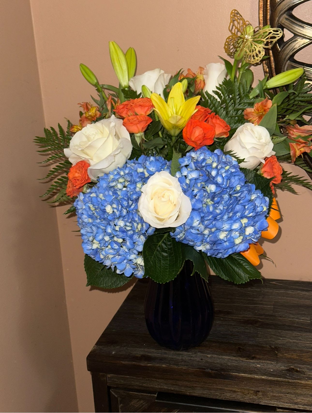 Simple George’s  - Delux bouquet with deep blue hydrangeas mixed with rainbow flowers just for special love