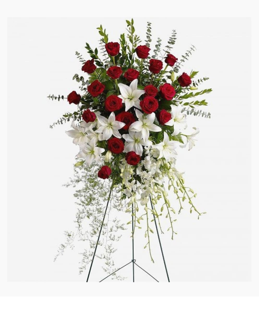Lily And Rose Tribute Spray - Red roses, white lilies and cascading white orchids are elegant funeral flowers fit to honor someone truly special.(Picture shown Deluxe)