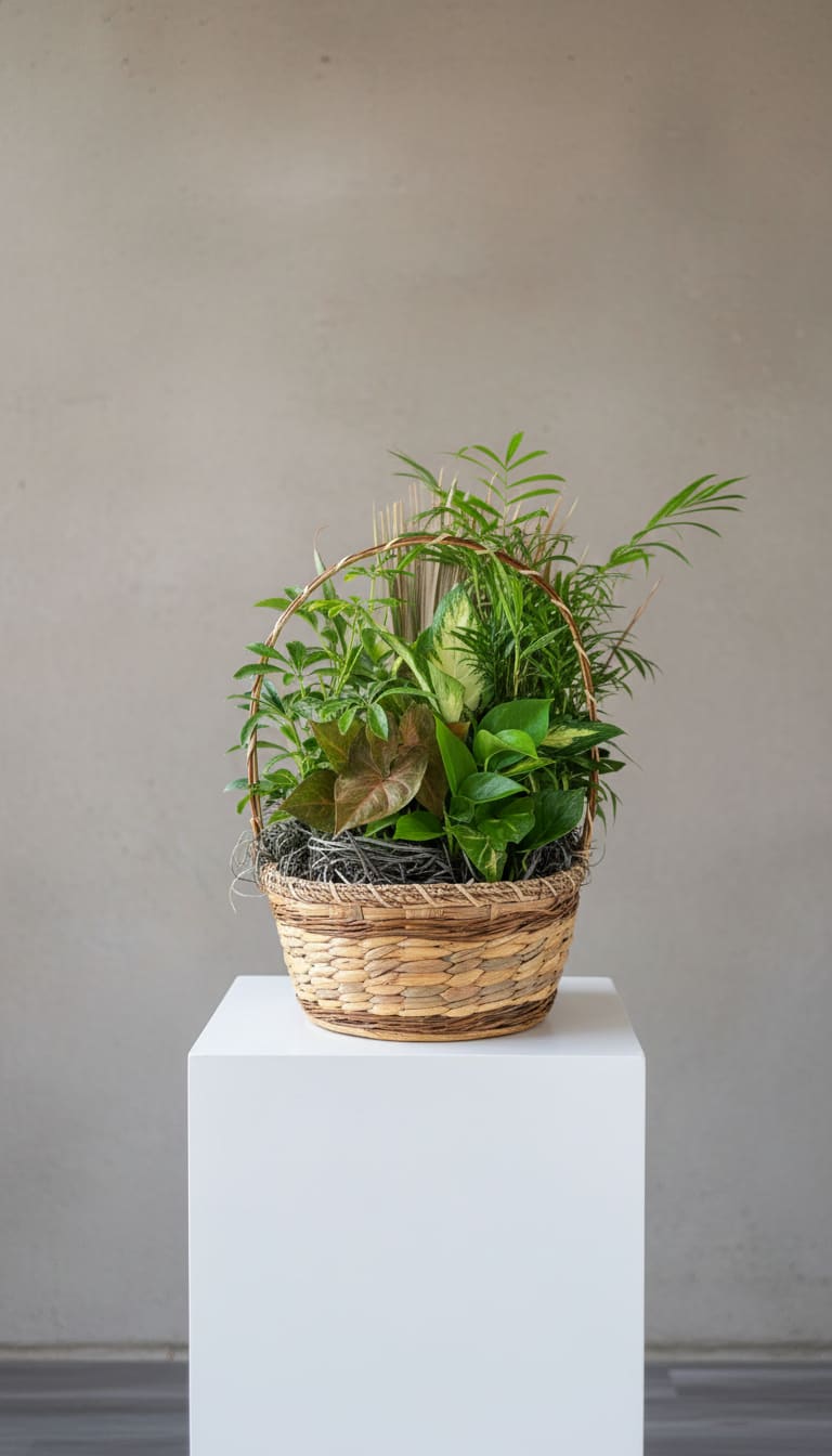 10&quot; Wicker Basket Garden by Birch &amp; Blossom - A vibrant mix of lush green foliage and blooming plants beautifully arranged in an elegant Wicker  container. Perfect for brightening any space with lasting natural beauty.  Standard: A stunning selection of mixed greens and blooming plants. Deluxe: Includes fresh-cut flowers for added color and fragrance. Premium: Features an even fuller, more luxurious assortment of plants and blooms for maximum impact.  A thoughtful gift for any occasion — bringing the beauty of nature indoors with lasting charm.