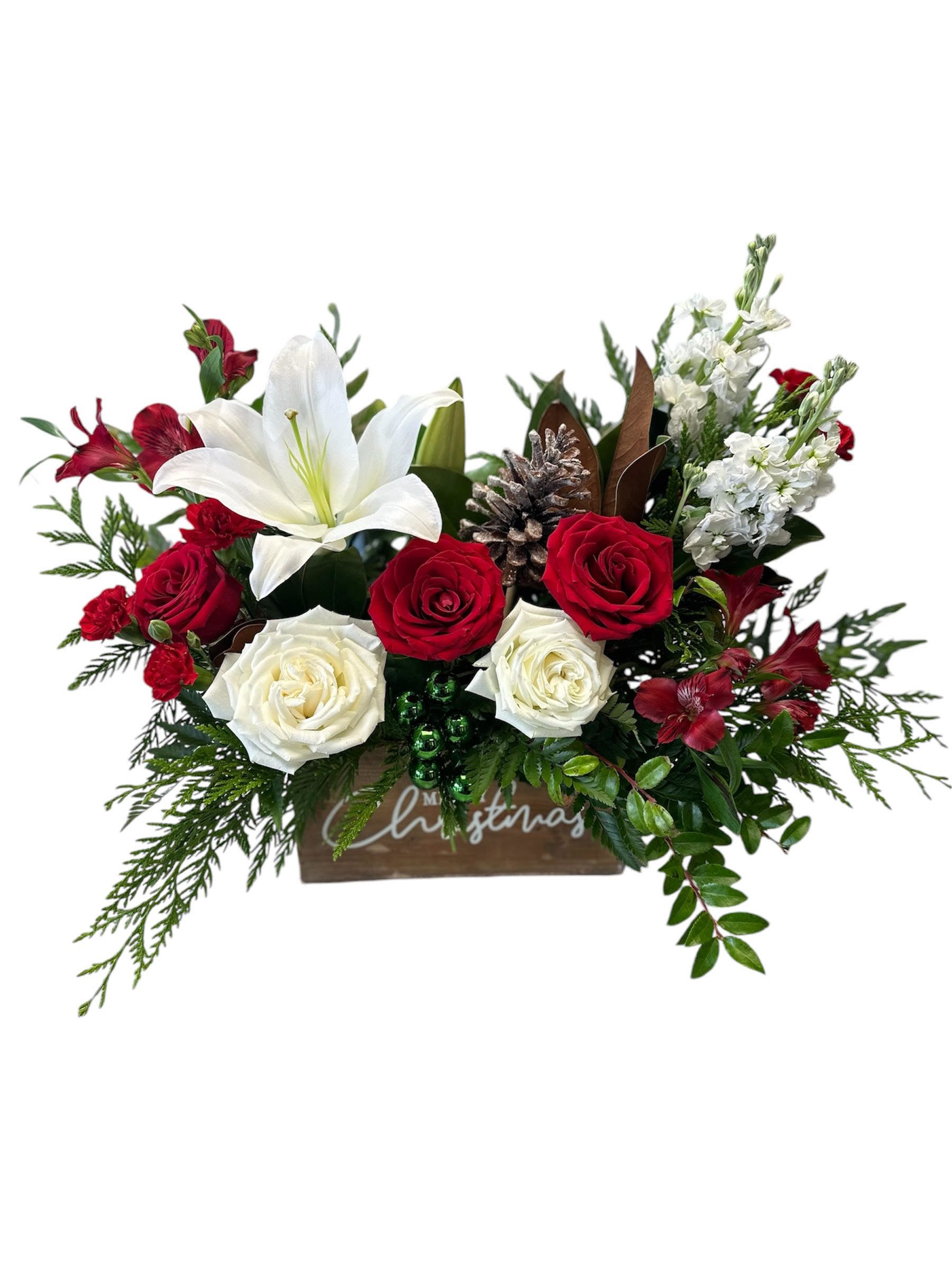 Cherful times - A planter box made with holiday spirit! Finally an arrangement the shouts ho ho ho 