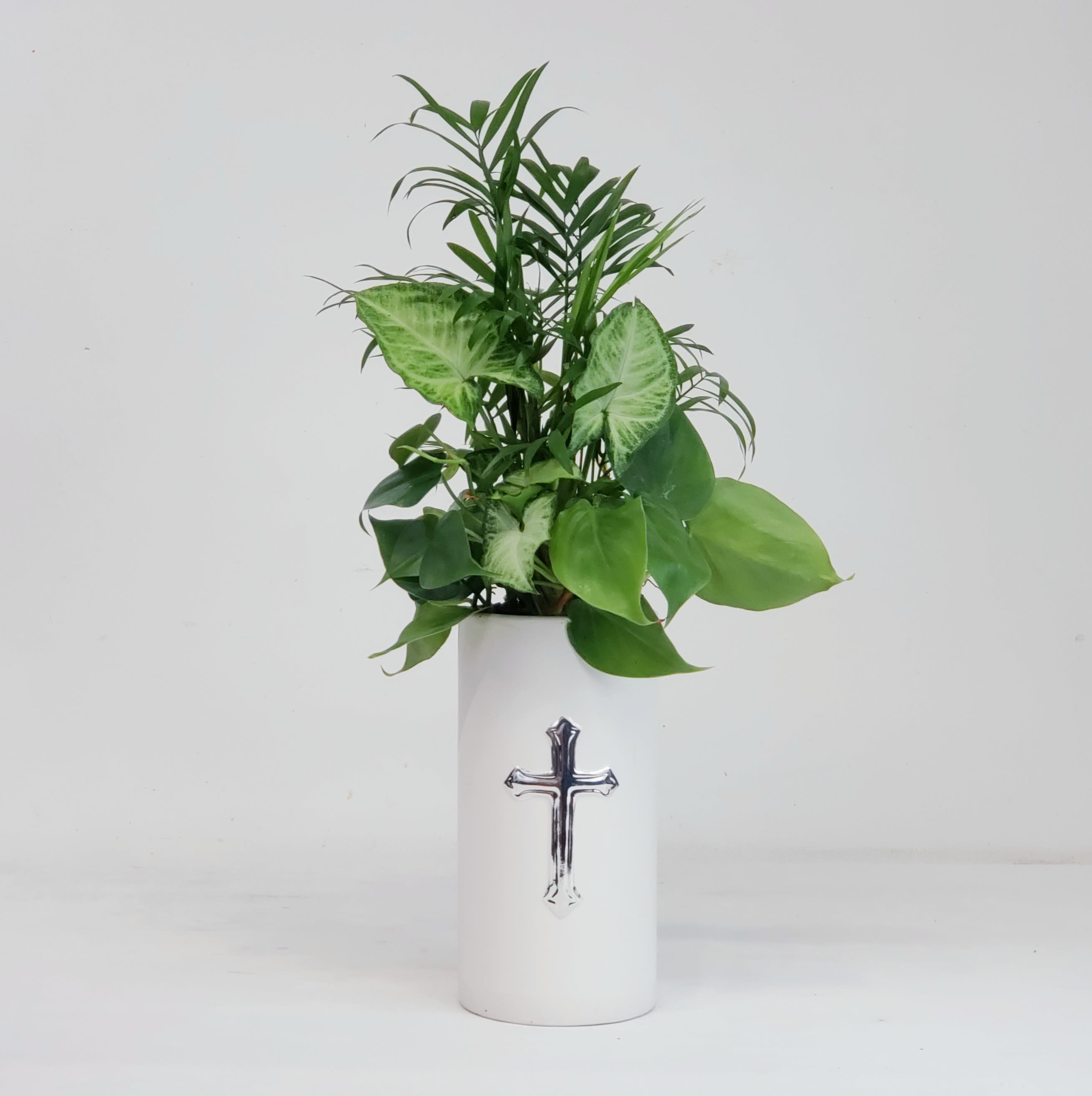 Cross Planter - Beautiful 8" tall white vase with cross on front. Filled with live plants for a lasting offering. Perfect for the service or home. 