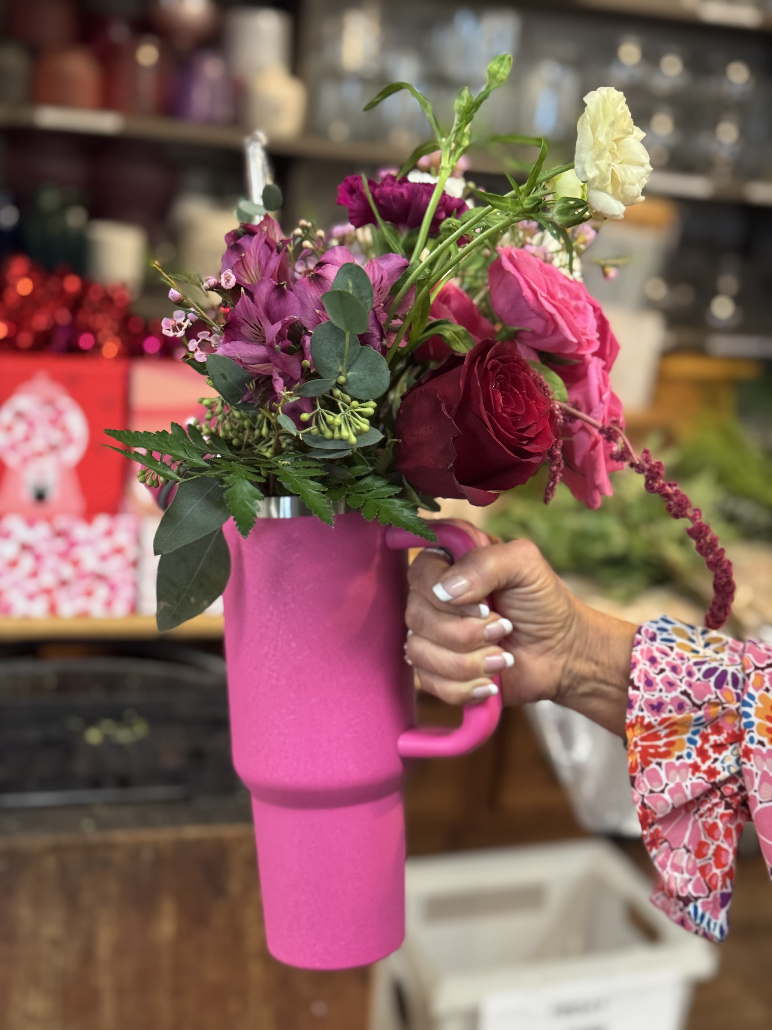 Tumbler &amp; Blooms - Two gifts in one!  40 oz. thermo mug filled with beautiful flowers including roses, carnations, alstro and premium filler &amp; greenery!