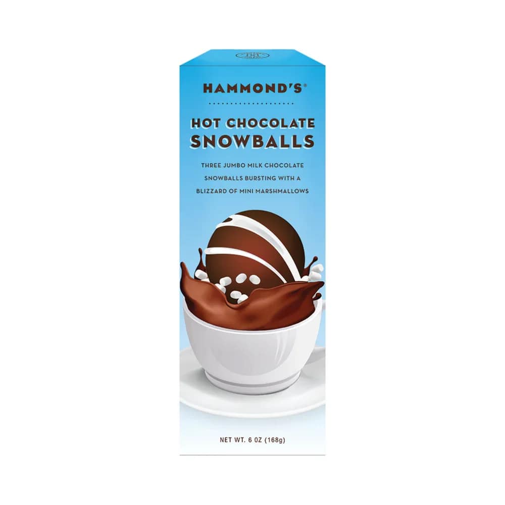 Hammond's Hot Chocolate Snow Balls - Add some excitement to your hot cocoa with Hammond's Hot Chocolate Snowballs. These jumbo milk chocolate spheres are filled with mini marshmallows that burst into a blizzard of flavor when dropped into hot milk.  Stir and watch the snowballs explode with deliciousness, creating the perfect cup of hot cocoa. Each box contains three hot chocolate bombs that are sure to make the hot cocoa-making process even more fun. So, spice up your hot cocoa routine with our Hot Chocolate Snowballs and enjoy a winter treat like no other!      3 Snowballs in each box     6 oz. box     Approximately 2 oz. per Snowball