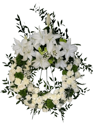 Funeral Wreath with Lilies, roses, carnation, greenary - Sympathy Flowers, all white circle wreath available in 18&quot;, 22&quot;, 24&quot; 