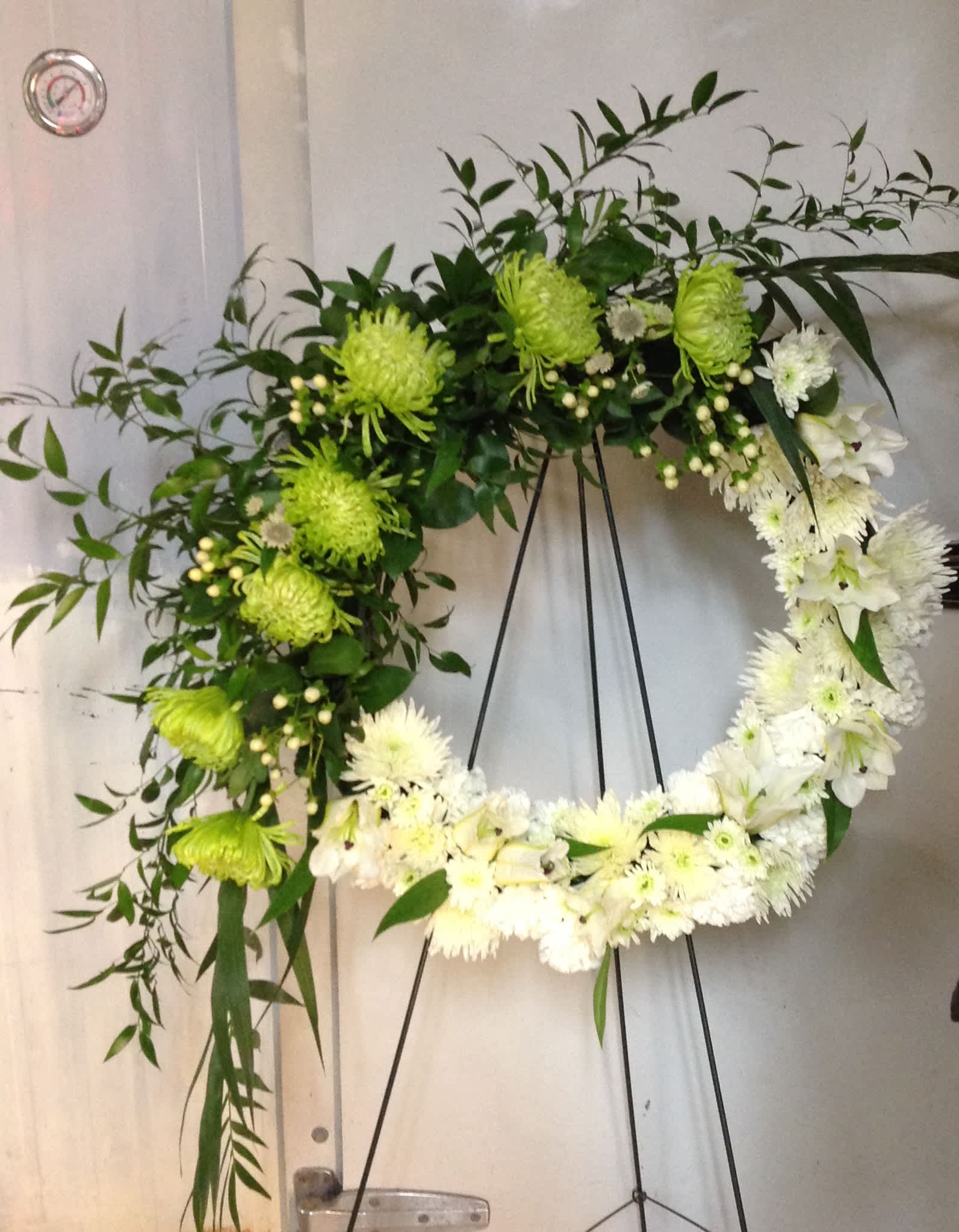 Eternal Rest Funeral Wreath - Sympathy Wreath with Mums, Italian ruscus, Lilies, 
