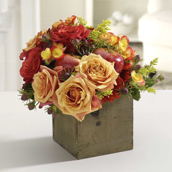 Happy Harvest - Wooden box planter with roses, daisies, berries and assorted autumn flowers