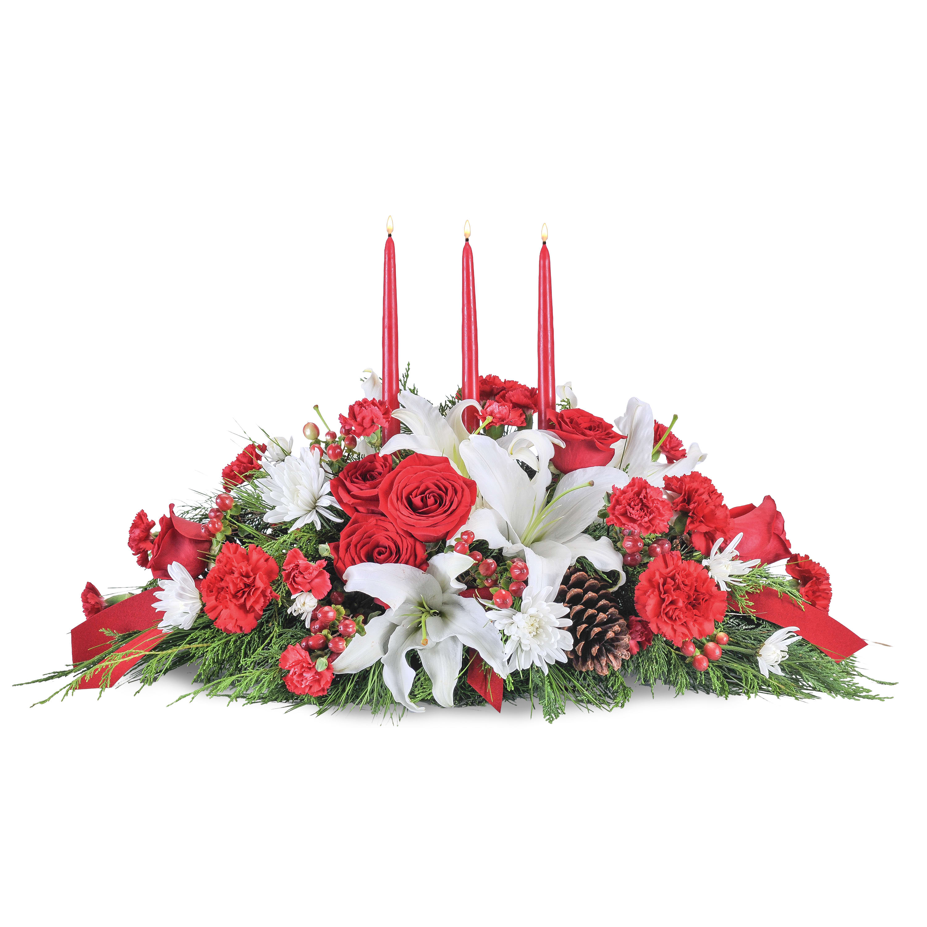 Holiday Gathering  - The sights and fragrance of the season will be part of the celebration with this traditional centerpiece for your gathering table. Red carnations, white chrysanthemums and evergreen surround taper candles and are accented with red berries and pinecones.