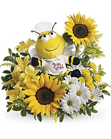 Teleflora's Bee Well Bouquet - We have just the cure for what ails them. A plush nurse bee is ready to buzz into service with enough fresh flowers to make anyone perk up.