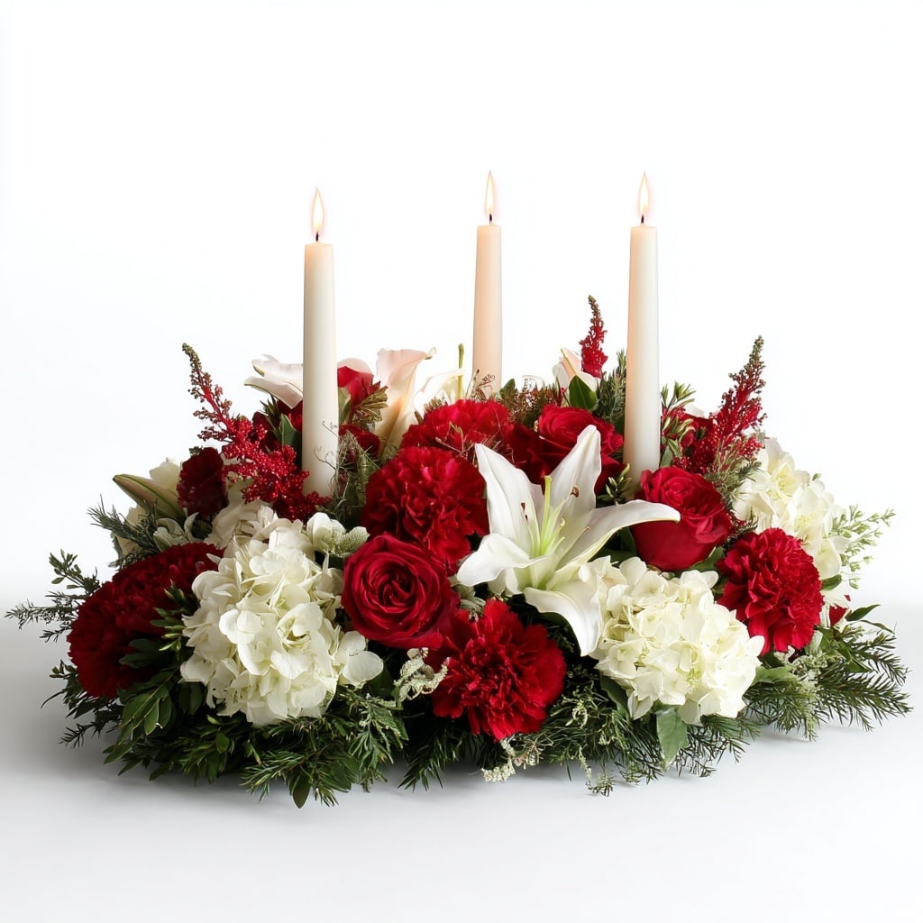 Christmas Candlelight Classic - Create a timeless holiday ambiance with our Christmas Candlelight Classic. Three elegant taper candles are nestled among white lilies, lush red roses, white hydrangea, and cheerful red carnations, accented with seasonal greenery and winter textures. Perfect for the center of your celebration.