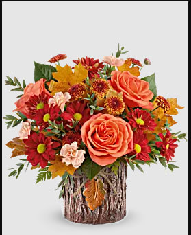 Enchanted Forest - Capture their admiration with this enchanting fall rose arrangement, elegantly complemented by a vase inspired by tree bark and a ceramic autumn leaf charm. Teleflora's Enchanted Forest Bouquet features vibrant orange roses, delicate peach miniature carnations, bronze button spray chrysanthemums, bronze daisy spray chrysanthemums, parvifolia eucalyptus, and lush leatherleaf fern. Presented in Teleflora's Enchanted Forest Cylinder, it exudes natural charm and elegance with warm tones. Orientation: All-Around