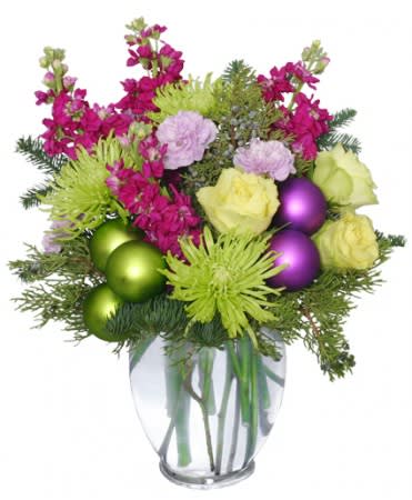 GLITZY HOLIDAY PARTY FLOWER ARRANGEMENT -  Ginger Vase, Foliage: Blue Spruce, Seasonal Evergreens, Lime Green Fuji Mums, Green Jade Roses, Fuchsia Stock, Lavender Carnations, Lime Green Millimeter Balls, Purple Millimeter Balls. 