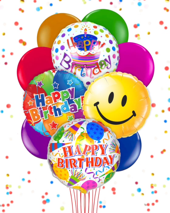 Happy Birthday Balloon Bouquet - Four Happy Birthday Mylar Balloons with 7 Latex Balloons. Mylars balloons may not be the exact balloons pictured. deluxe and Premium will include more mylar and latex balloons. Arrangement will include a balloon weight.
