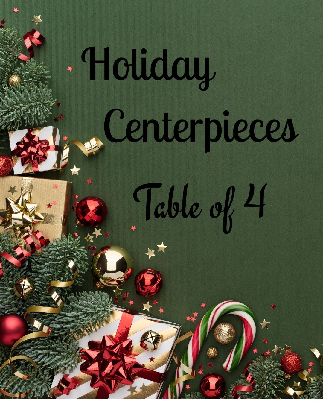 Winter Holiday Centerpiece (table of four) - Design can vary between short/compact round, short/compact with flow or a long and low; you can specify a preference in the special instructions or leave it up to the designer, either way, we will make you something special and beautiful using seasonal flowers, greens and filler. This option is perfect for a table of four.