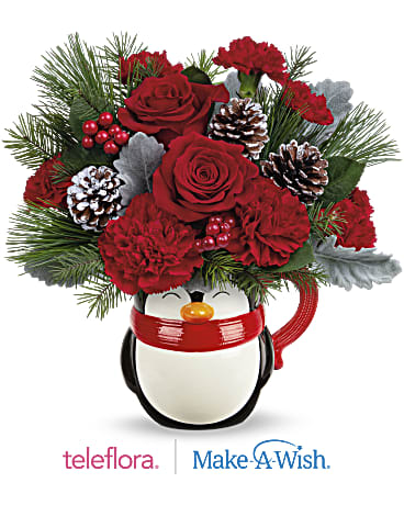 A hug of North Pole Penguin - Roses, carnations, pine