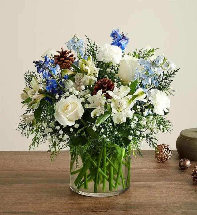 Winter wishes bouquet - Roses, delphinium, alstroemerias, babies breath,  pines