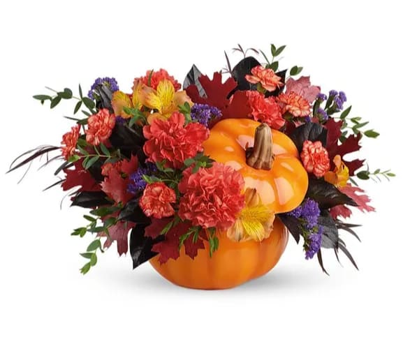 Autumn's Pumpkin - A stunning blend of bold Peruvian lilies, seasonal carnations, and beautiful bi-color roses with pops of purple statice are just what you need to welcome fall into your home. This adorable keepsake pumpkin container can be used as a fall decoration, or for future floral bouquets!