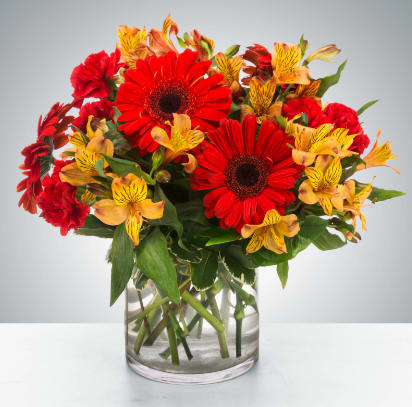 Cinnamon  - This cinnamon-colored arrangement is a perfect taste of fall. Featuring red gerbera daisies and yellow alstroemeria on a bed of greenery.   Approx. 10&quot;D x 10&quot;H