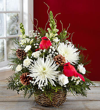 WINTER SONGBIRD BOUQUET - •One-sided arrangement, mini carnations, spider mums, baby’s breath and  greenery; accented with pine cone picks , curly willow tips and bird picks