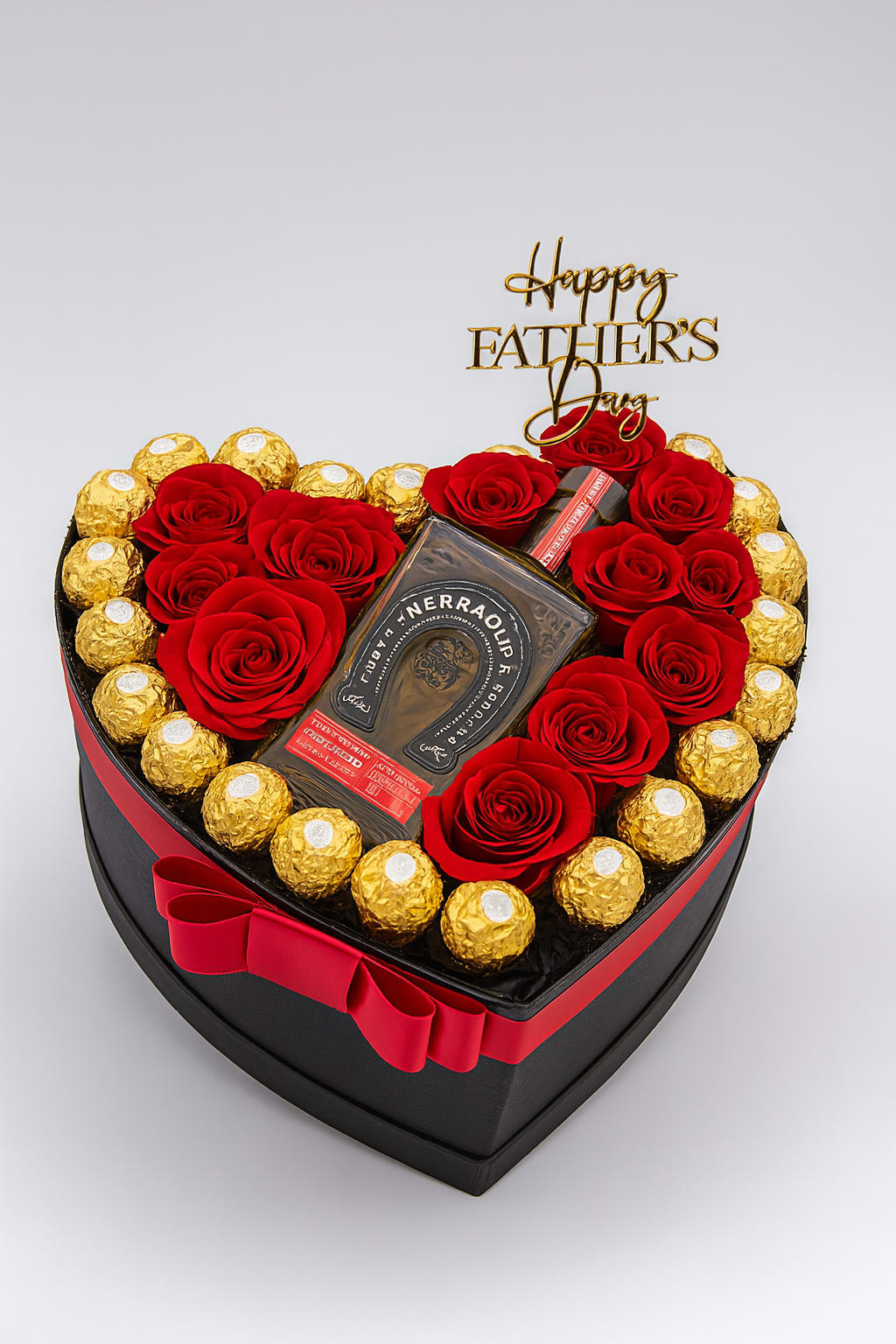 The Gentleman's Heart - Celebrate Dad—or any special man in your life—with the Gentleman’s Heart, a luxurious gift box that blends elegance and bold charm. Presented in a matte-black heart-shaped box with a rich red satin bow, this signature arrangement features velvety red roses, Ferrero Rocher chocolates, and a full-size bottle of Herradura Reposado Tequila. Finished with a gold topper that reads “Happy Father’s Day” or, upon request, “Happy Birthday,” it’s the perfect tribute to strength, warmth, and timeless style.  *Must be 21 or older to receive this gift. ID may be required upon delivery.*