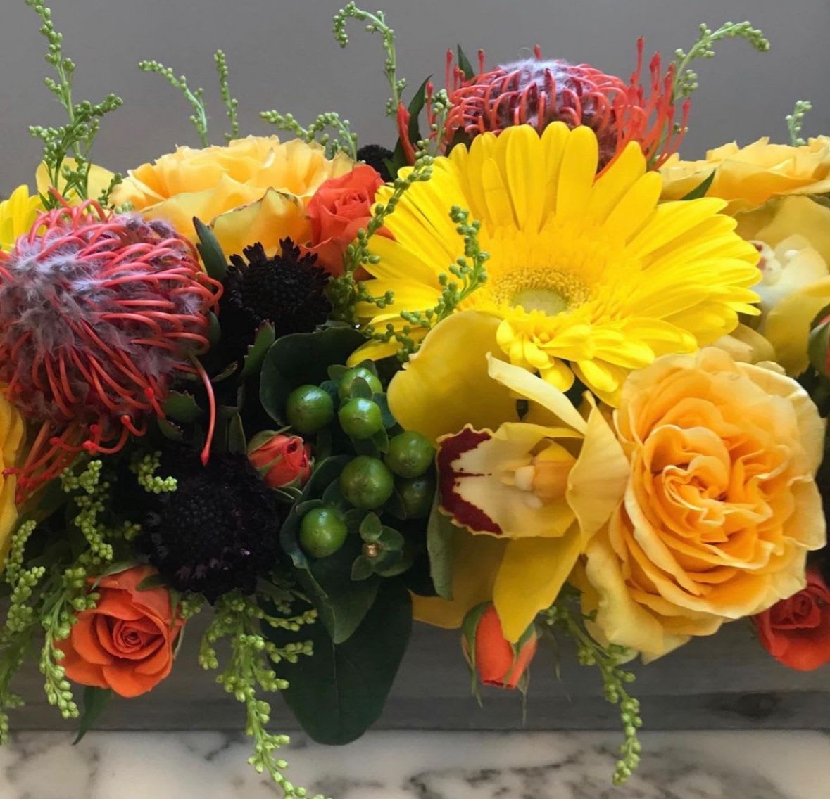 Autumn Days - Pincushion protea, scabiosa, gerbera daisies, roses, hypericum berries and spray roses in a low long container. 