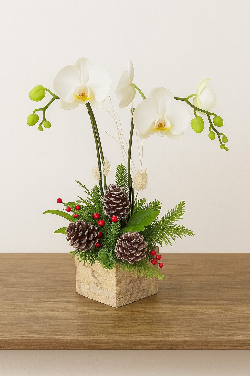 Mini Holiday Orchid - Add a touch of winter elegance to your décor with the Mini Holiday Orchid. Nestled in a rustic birchwood container, the design includes evergreen sprigs, frosted pinecones, and bright red berries for a classic holiday look. Perfect for home décor, office spaces, or seasonal gifts, this compact orchid display brings warmth and sophistication to any setting.