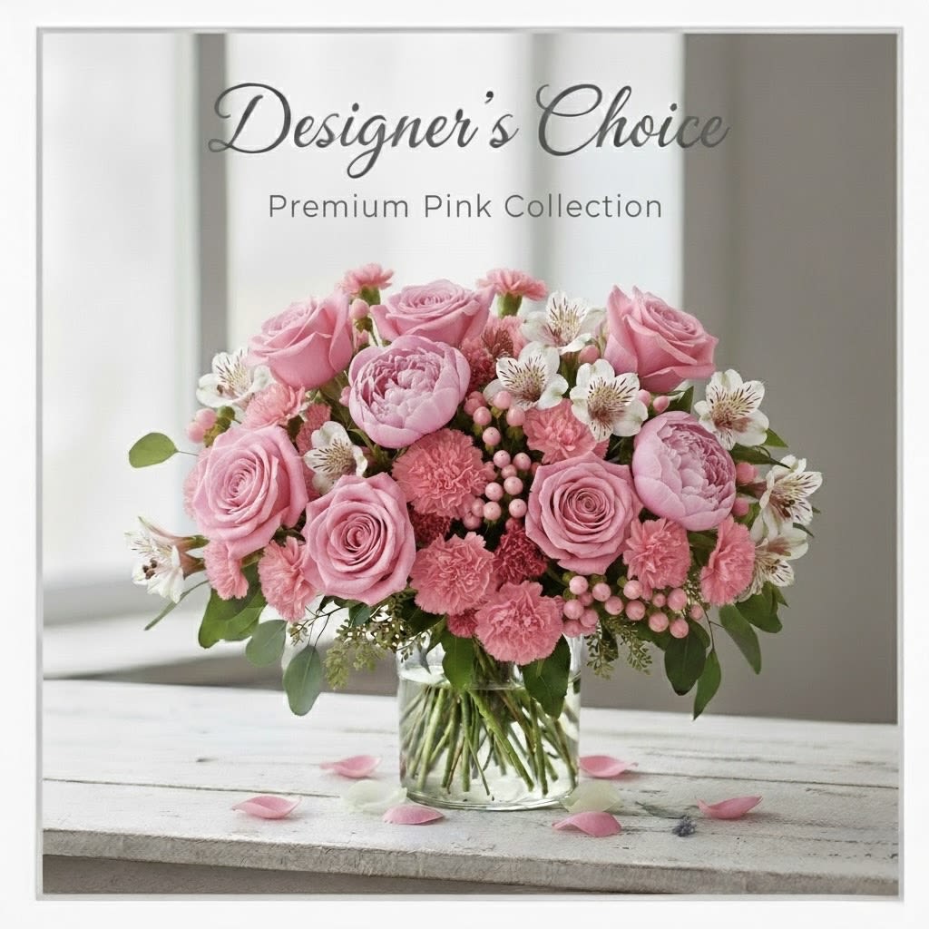 Designer's Choice: Premium Pink Collection - For those who adore the beauty and charm of pink, this vibrant, Designer's Choice arrangement is the perfect expression of warmth and affection. Our florist will expertly select the freshest pink blooms available to create an exquisite bouquet featuring a lush blend of soft, blush, and deep pink tones. The design is complemented by fresh green foliage and is beautifully arranged in a clear glass vase. This arrangement is a stunning, customized way to send admiration, love, or warm wishes.