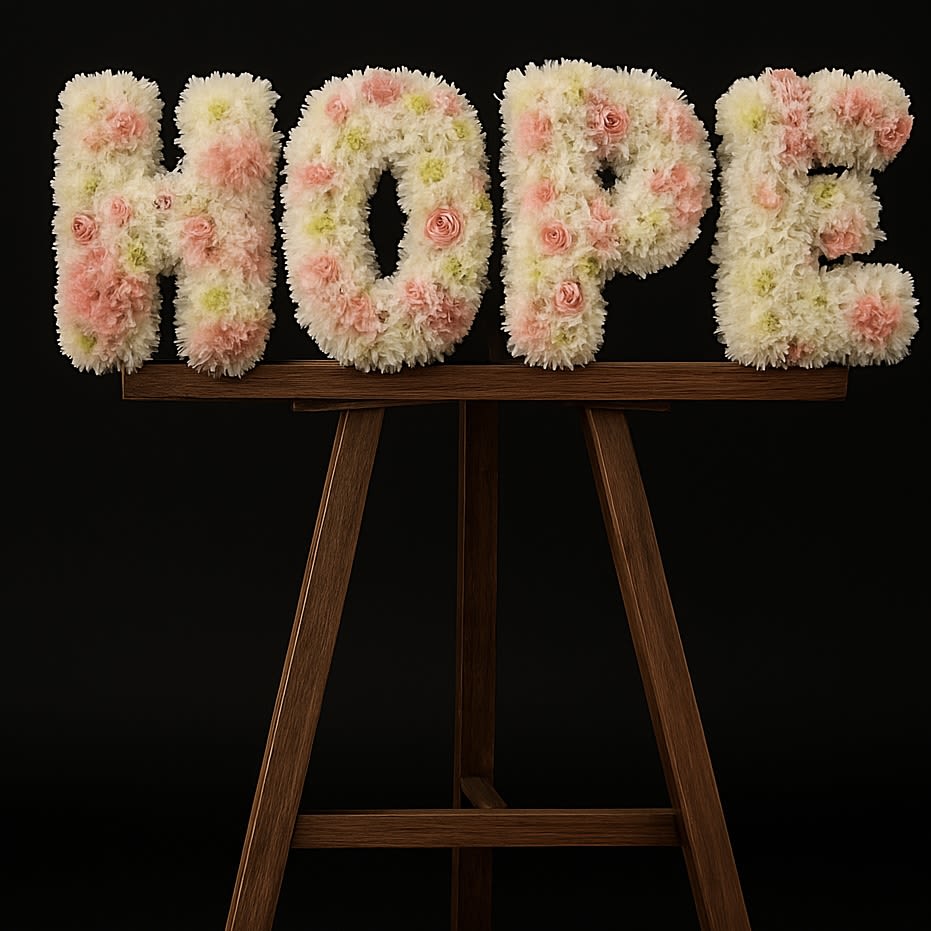 Baby Hope - A tender and uplifting floral tribute spelling out “HOPE,” crafted with soft white, pink, and pale green blooms. This arrangement offers a message of comfort and light in times of sorrow—honoring a loved one’s memory with grace and gentle Beaty.  Baby letters 12 Inches High