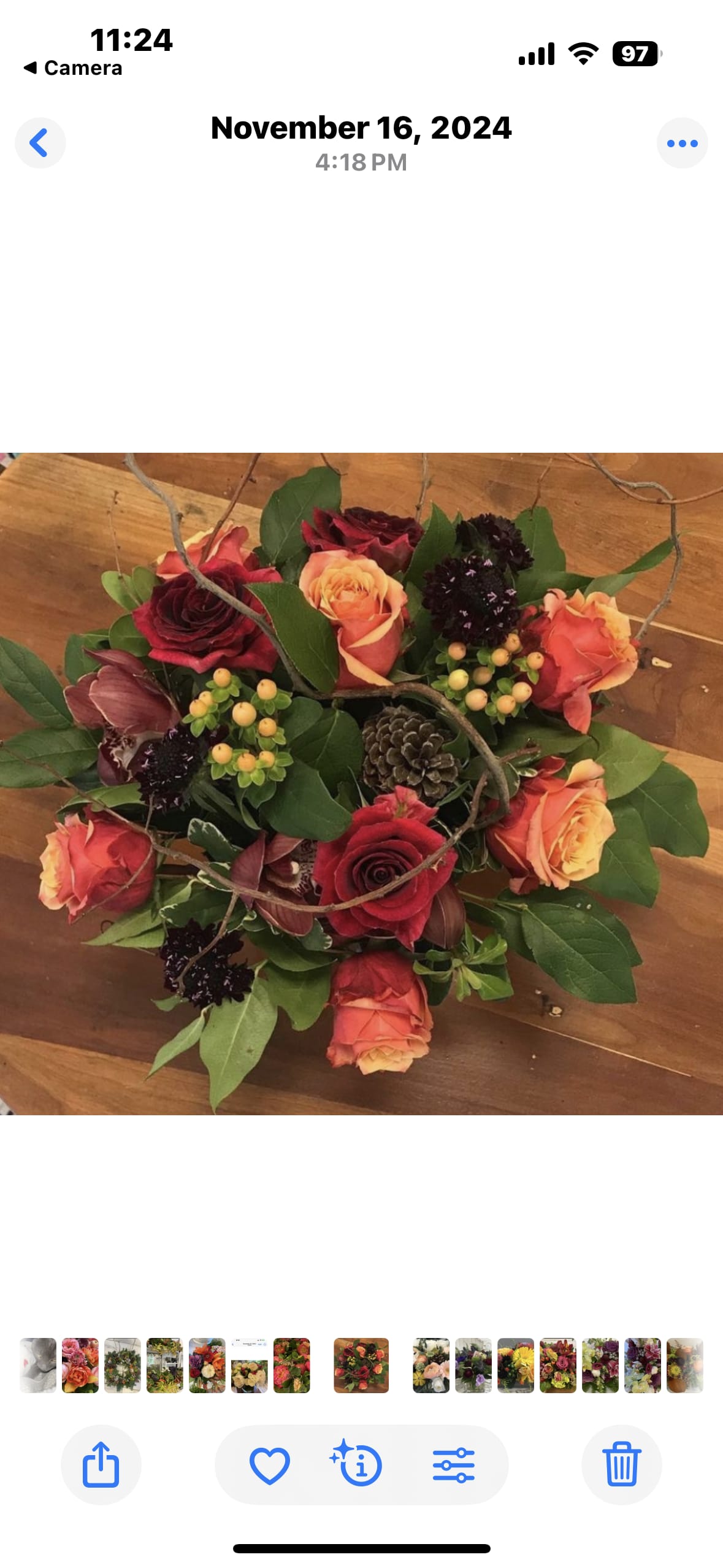 Woodland - Roses, hypericum berries, scabiosa, cymbidium orchid in shades of burgundy, coral, red and pinecones with a touch of curly willow in a low round container