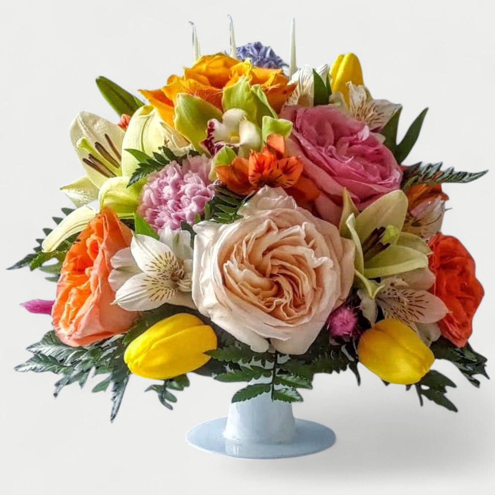 Happy Birthday Cake Bouquet Designer's Choice - Send this beautiful cake of flowers to show them how much you care. Beautiful mixed blossoms of the day.
