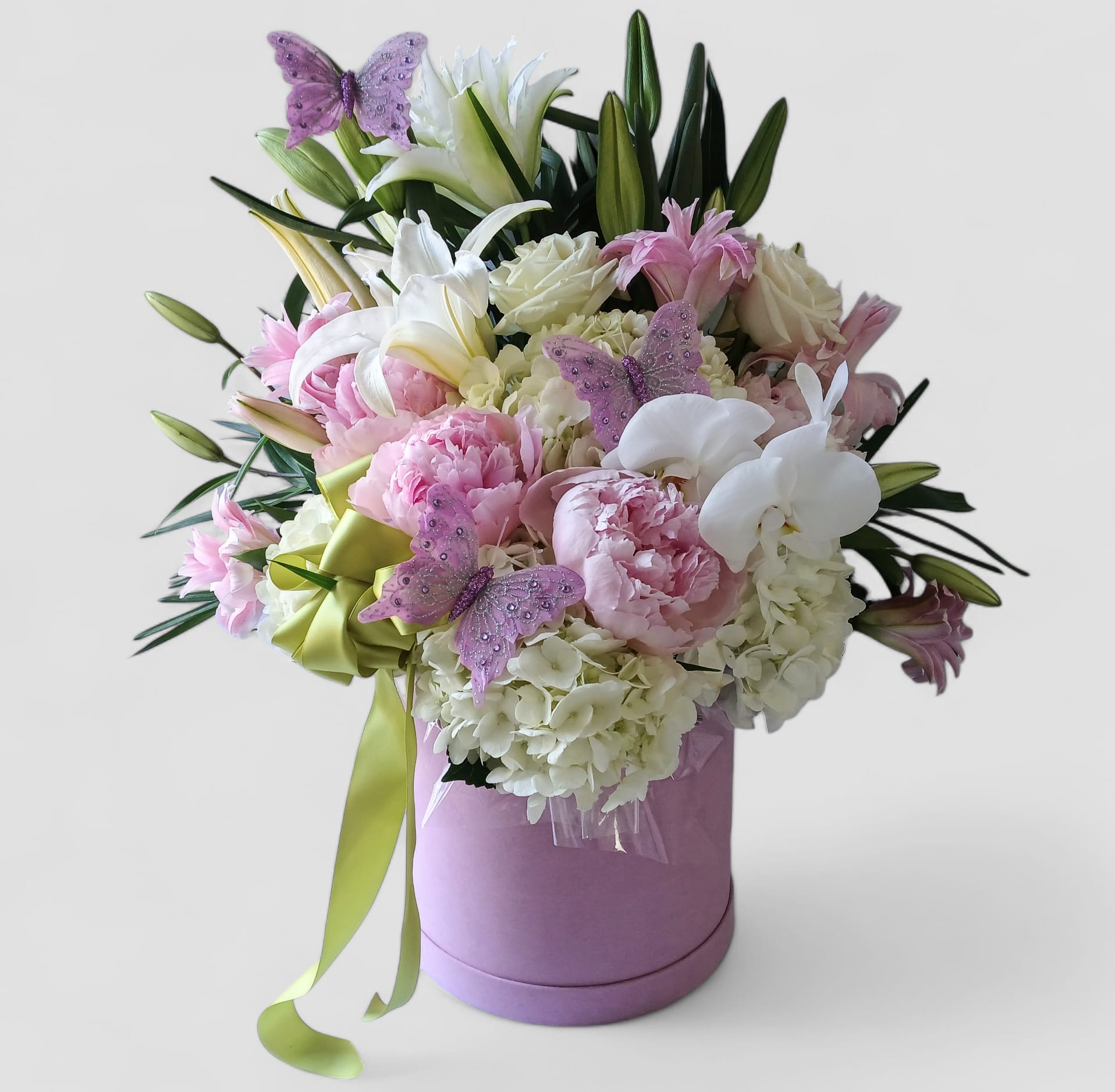 Pink Velvet Sympathy Bouquet - Send this beautiful pink and white sympathy bouquet today to show them how much you care with it's lovely roses hydrangeas and lilies arranged in a beautiful velvet box. Perfect to send to the service or home. Always made extra special and unique each time. Send them your deepest condolences.