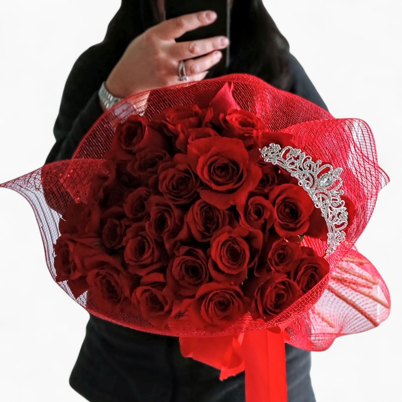 3 Dozen Red Rose Tiara Bouquet - 36 red rose bouquet wrapped in beautiful red wrap with a long red flowing ribbon bow adored with a gorgeous rhinestone tiara for her to wear. Send love and happiness.