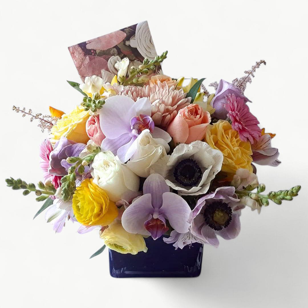 Designer's Choice Special Pastels - Designer's choice pastels in a black modern glass cube style vase. Perfect to send for every occasion to make them smile.