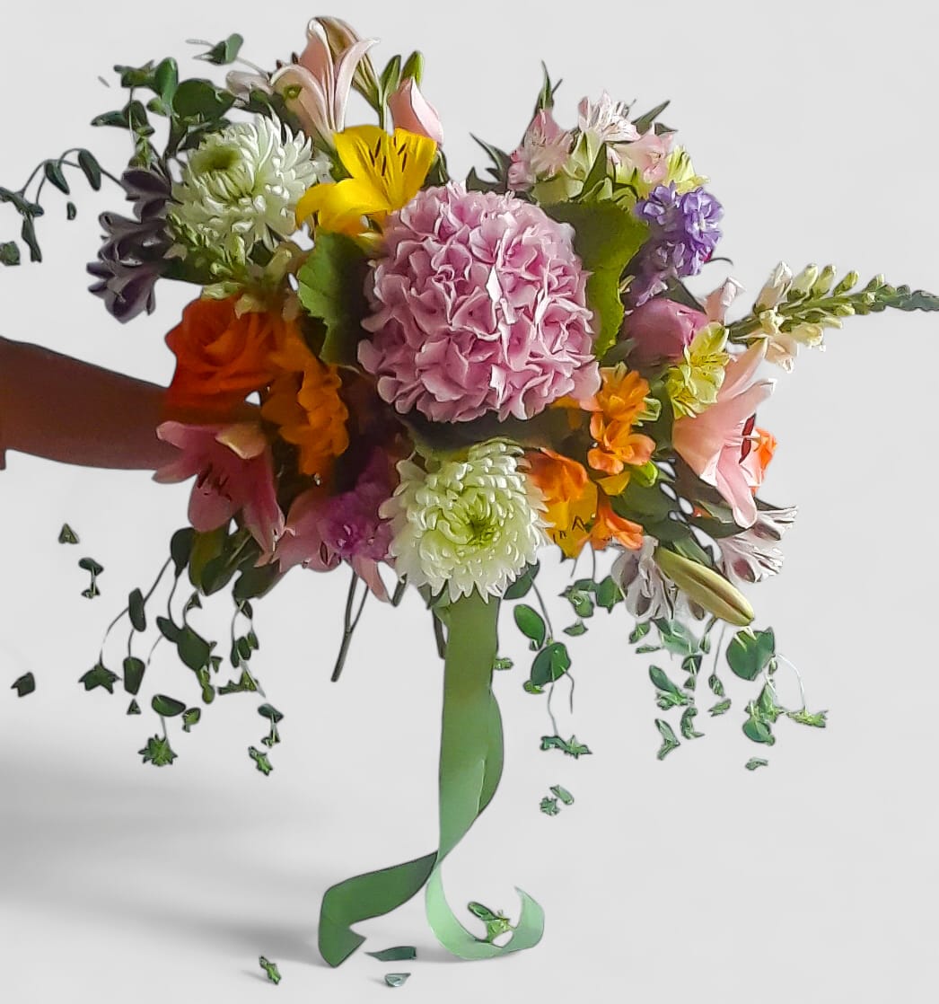 Wedding Beauty Bouquet Designer's Choice - Wedding florist's choice bouquet filled with beautiful blossoms of that day in your preference of colors arranged as a hand held wrapped in long flowing ribbons. Stunning. Please visit my gallery to see my latest designs. All bouquets are always made extra special each and every time.