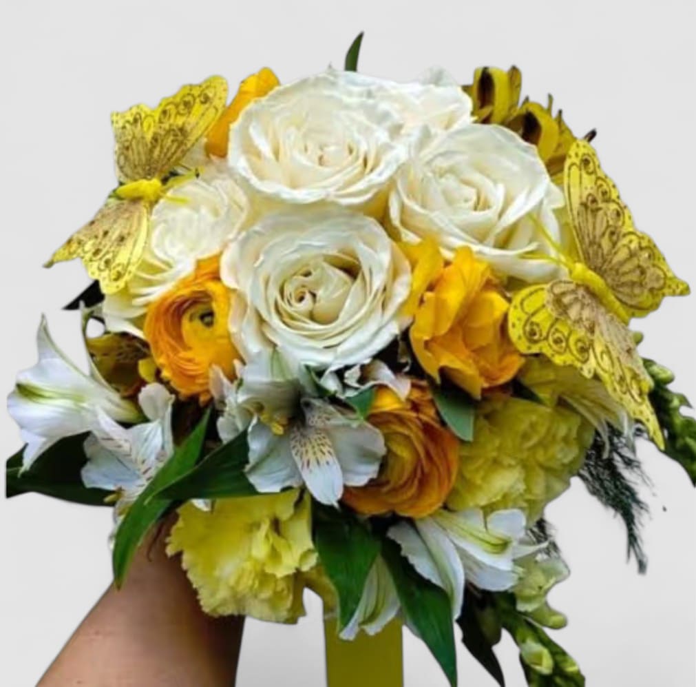 Yellow Wedding Bouquet Designer's Choice - Beautiful yellow blossoms arranged as a hand held bouquet with long flowing ribbon. Stunning for prom or a wedding. Please visit my beautiful gallery to see my latest designs that I have created for my online customers.
