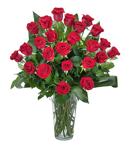 Grande Roses - Two dozen premium roses designed with specialty foliage in a clear vase.  Approximately 12&quot; W X 24&quot; H  As Shown : TMF-589
