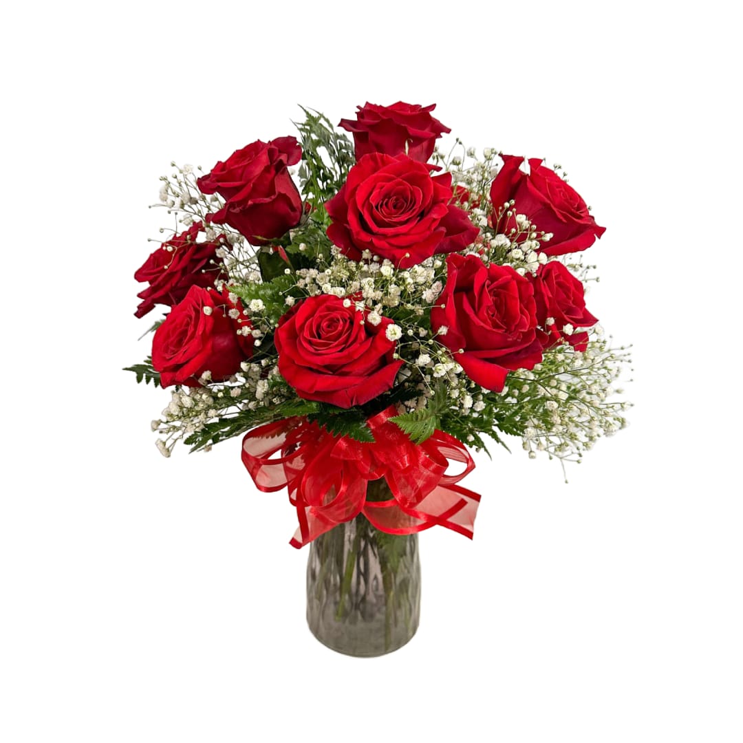 Traditional Roses - This is 12 traditional roses with baby's breath. Deluxe 18 Premium 24