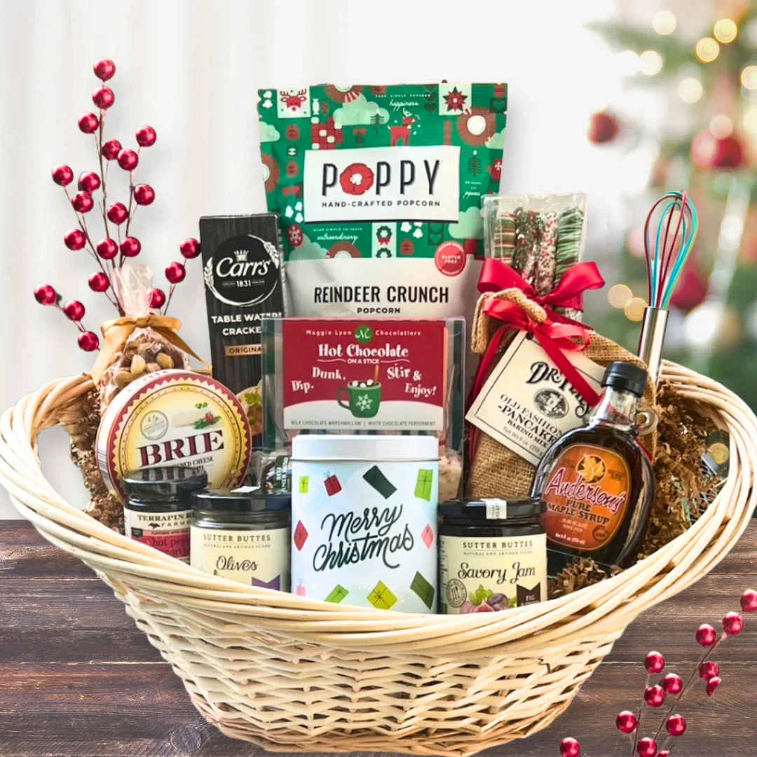 Holiday Showstopper - From Augusta Gift Baskets, Send festive cheer with this fantastic selection overflowing with premium gourmet treats! Holiday Showstopper features Augusta’s own Watanut Cranstachio Shortbread Cookies.  It also includes hand-crafted Reindeer Crunch popcorn, white chocolate peppermint and milk chocolate marshmallow hot chocolate on a stick, gourmet cheese, savory jams, summer sausage, pancake mix and syrup, and SO much more. Help make your family, friends or favorite office more merry and bright!