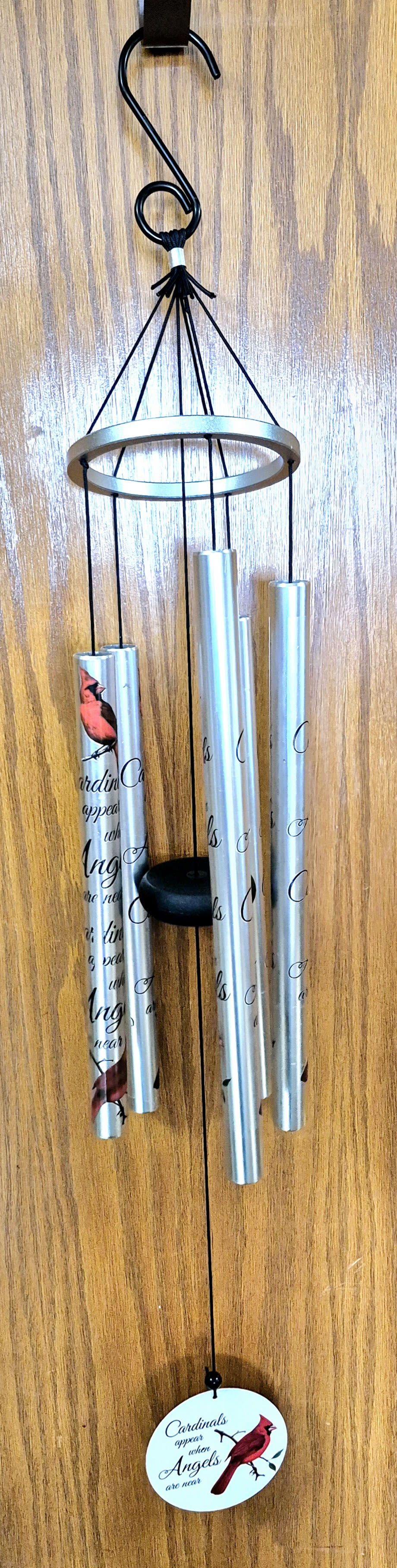 Cardinals Appear Wind Chime  - A thoughtful gift to help express your condolences for a loved one. The gift of this wind chime will bring a sense of peace to your grieving loved one.  Specifications: • Hand-tuned to provide superior tones and resonance • 2” hook for easy hanging • 36 ” length from the top of the gathering ring to the bottom of the wind catcher Reads: Cardinals Appear when Angels are near   If you would like to purchase a Wind Chime Stand for Presentation, please click the Deluxe Price.  The Deluxe includes the 15.00 price of the stand. 