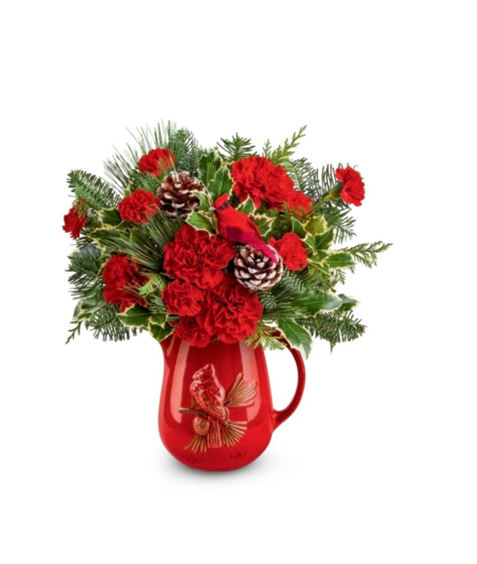 SCARLET CARDINAL BY TELEFLORA - MIXED HOLIDAY GREENS WITH VIBRANT RED FLOWERS IN A STONEWARE CARDINAL PITCHER