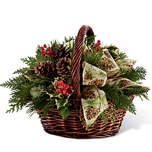 Winter Medley  - This natural basket is a fragrant and lovely assortment of all the winter evergreens, holly and pine cones. It's a long lasting a beautiful seasonal basket! (there are NO FLOWERS in this arrangement)