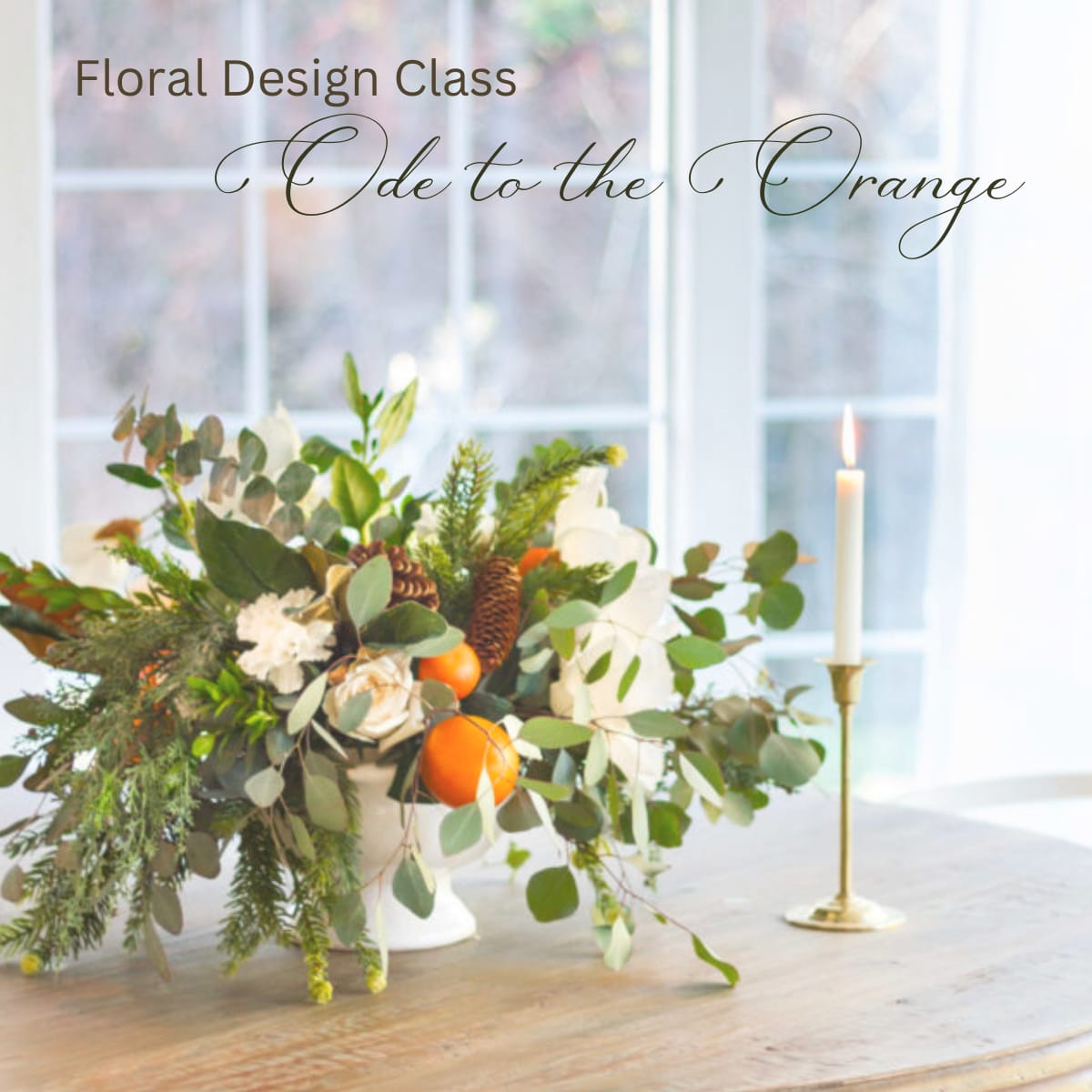 In Store Class: December 16 - Christmas in England: Ode to the Orange - Tuesday, December 16th, 7:00pm - 8:30pm  Step into the enchanting world of a traditional English Christmas with Christmas in England: Ode to the Orange—a floral design experience inspired by history, fragrance, and festive elegance.  This design pays homage to the grand glasshouses and orangery gardens of Europe, where winter citrus trees were once nurtured under glass to bring sunlight, luxury, and vibrant flavor to the holiday season.  In this hands-on workshop, you’ll create a centerpiece that celebrates this rich heritage. Picture lush evergreens, fragrant winter blooms, and radiant oranges artfully combined with pinecones and seasonal textures—a nod to the timeless charm of European orangeries. As you design, you’ll explore how to balance color, texture, and scent to create a piece that feels both warm and refined—worthy of a grand European holiday table.  $145/person - please purchase additional tickets per guest  At checkout, please select any time slot to continue through fulfillment information. 
